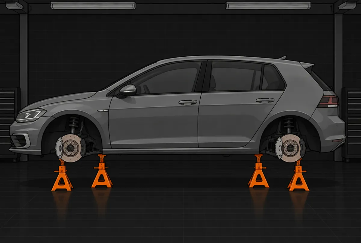 Auto von der Seite auf vier Unterstellböcken, alle vier Räder abgenommen, Bremsscheiben sichtbar