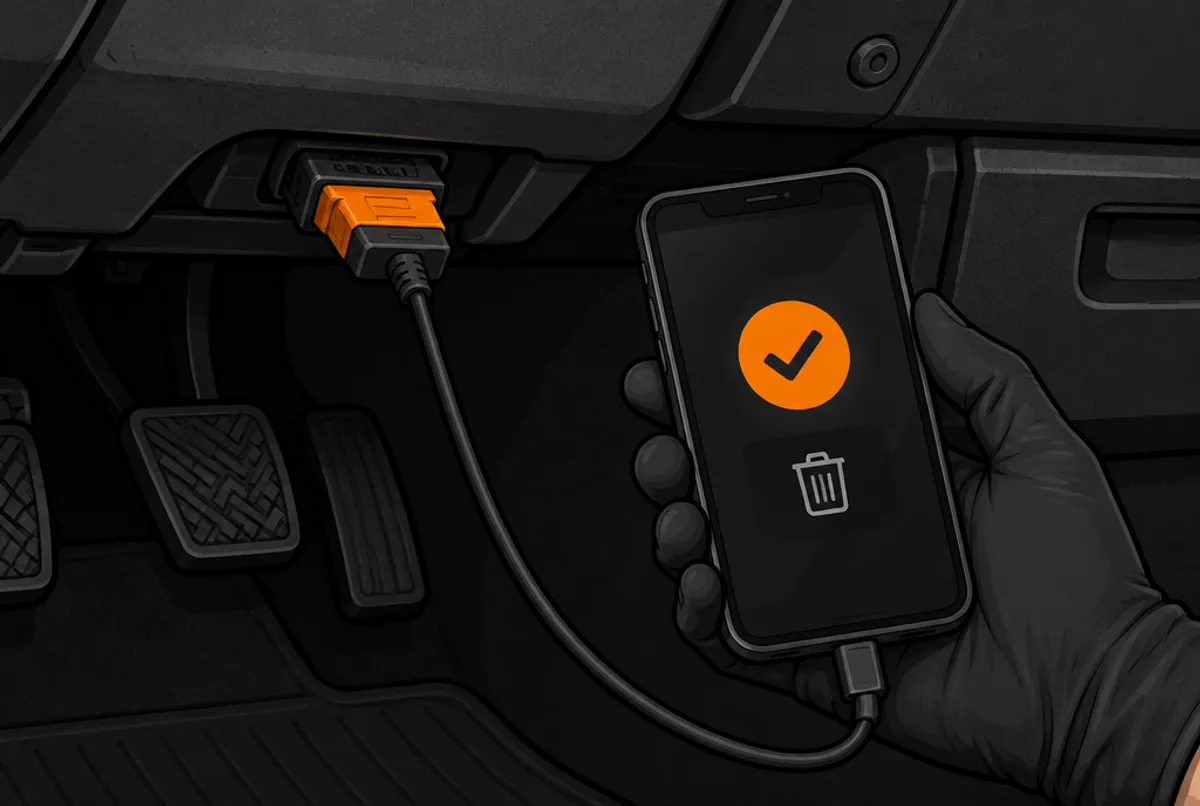 Smartphone mit OBD-Adapter, auf dem Display ein orangenes Häkchen und ein Papierkorb-Symbol zum Löschen
