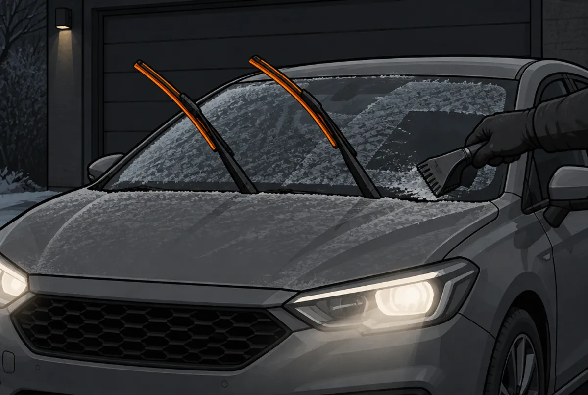 Auto an einem Wintermorgen mit Frost auf der Scheibe, Wischerblätter leicht angehoben, Scheinwerfer an, eine Hand mit Eiskratzer