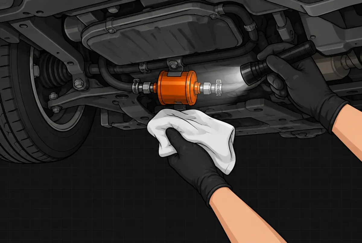 Bei laufendem Motor leuchtet eine Hand mit der Taschenlampe die Anschlüsse am orangenen Kraftstofffilter ab, darunter ein trockener Lappen